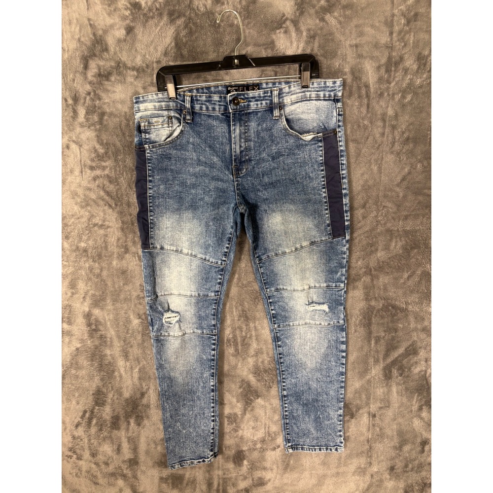 Reflex Mens Acid Wash Distressed Moto Jeans Blue Paneled Contrast Stripe Tapered